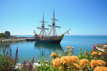 historical replica of the Mayflower ship docked at picturesque harbor, with clear sky and calm...