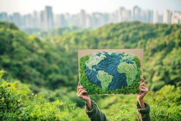 climate change - person holding sign banner with  infographic about  importance of ozone layer, in front of lush green forest or clean urban skyline, environmental awareness and preservation efforts