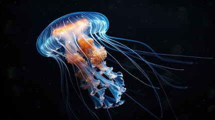 Naklejka premium Mysterious Jellyfish in the Dark Depths of the Ocean