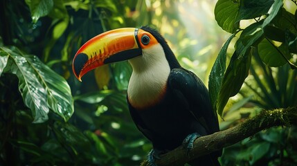   A bright toucan sat on a forest tree branch, surrounded by lush green and golden leaves