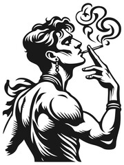 Fototapeta premium Stylish black and white drawing of a man smoking a cigarette. Vector, generative ai.
