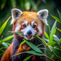 Obraz premium a red panda eats bamboo in nature