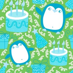 Cartoon birthday seamless penguin and cake pattern for wrapping paper