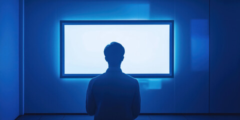 Man in front of large blue screen in dark room - technology and futuristic concept