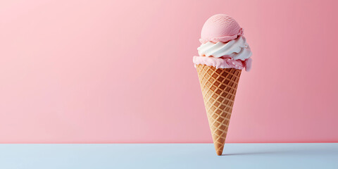 Pink ice cream cone on pastel pink and blue background: minimalist sweet treat photography
