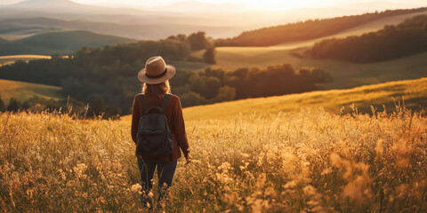 Fototapeta premium Woman with backpack in sunlit field overlooking rolling hills at sunset