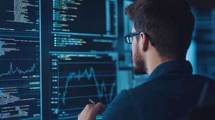 Developer analyzing code, digital performance screens, advanced tech environment
