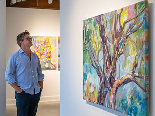 Fototapeta premium An artist standing beside a newly finished painting in a gallery, radiating accomplishment and contemplation