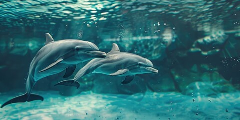 Obraz premium Dolphins interacting with keepers captured in a photograph in the aquarium