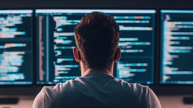 Developer optimizing code, virtual data projections, advanced technology setting