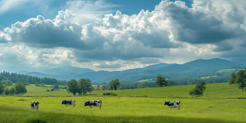 Fototapeta premium Cows grazing in lush green pasture with majestic mountain and cloudscape backdrop