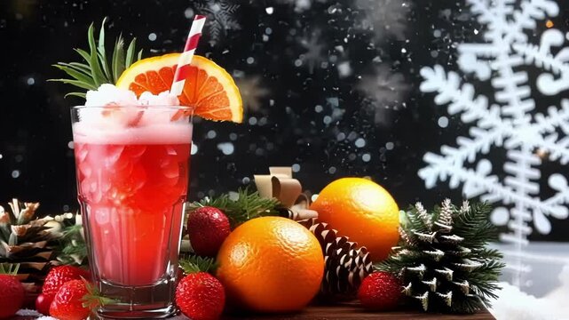 Christmas cocktail is standing on a wooden table with strawberries, oranges, pine cones, and a dark background with snowflakes. The perfect image for a refreshing christmas.