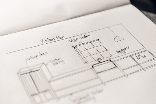 Architect hand drawn kitchen on sketch pad