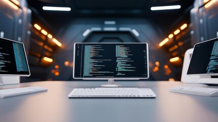 Futuristic coding performance, virtual reality screens, advanced tech workspace