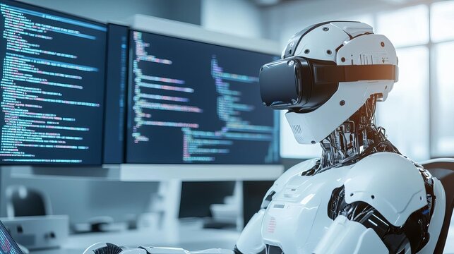 Futuristic coding performance, virtual reality screens, advanced tech workspace