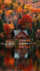 Fototapeta premium Lonely wooden cabin on shore of mountain lake with crystal clear water, forest, stunning natural landscapes of wilderness on autumn day, secluded vacation.