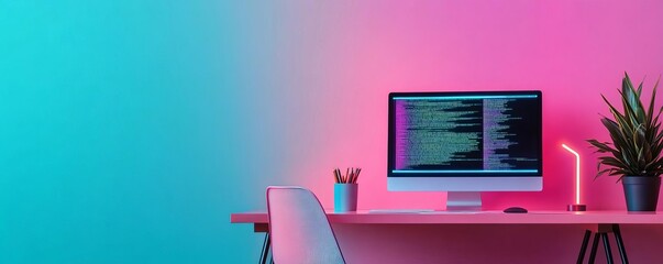 Performance coding, hologram analytics, sleek tech setup, neon accents