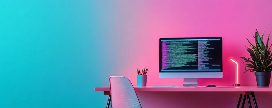 Performance coding, hologram analytics, sleek tech setup, neon accents