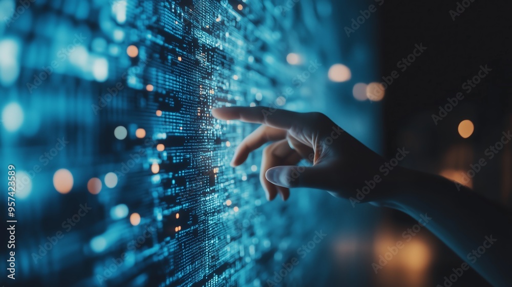 Poster a hand reaches out to interact with a glowing digital interface displaying intricate data patterns i