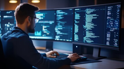 Programmer optimizing performance, holographic displays, sleek modern setup