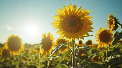 Obraz premium A sunflower field with blue skies and the sun shining brightly in the photo's center