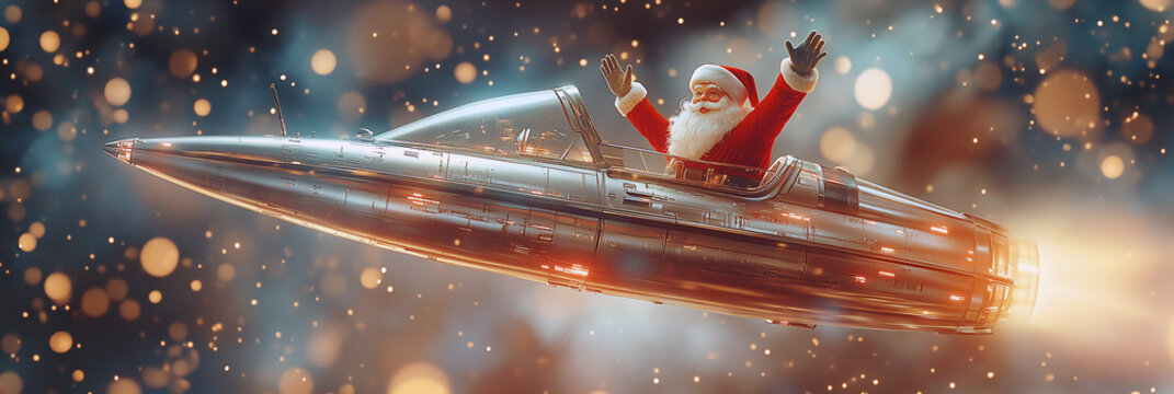 A joyful Santa Claus flies through a starry space in a shiny rocket, celebrating the holidays with an enthusiastic wave. A modern twist on Christmas imagery.