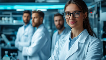 Fototapeta premium A group of three confident scientists, two men and one woman, standing in a futuristic laboratory