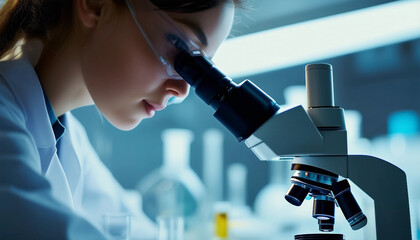  A close-up shot of a dedicated female scientist carefully observing samples through a microscope 