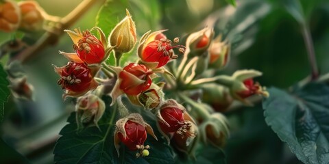 Macro image of the Balsam Apple plant s fruit bursting open to reveal bright red seeds on a tendril bearing vine