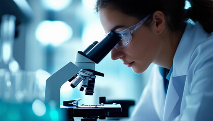  A close-up shot of a dedicated female scientist carefully observing samples through a microscope 