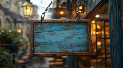 Closeup of a rustic wooden signboard outside a cozy cafe in a quaint street setting, illuminated by warm street lights. Vintage decor.
