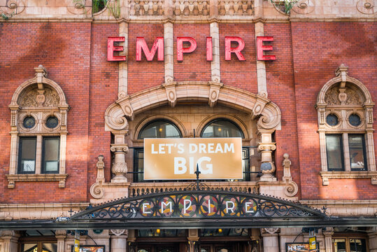 London, UK, September 3rd 2024:Hackney Empire is a theatre on Mare Street, in Hackney in the London Borough of Hackney. The main entrance red neon sign and facade. 