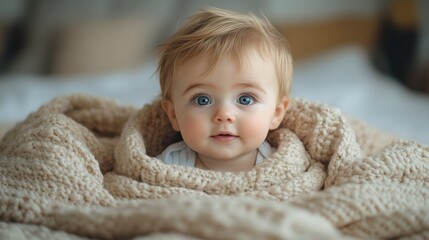 "Adorable baby boy wrapped in cozy knitted beige blanket, wide blue eyes gazing curiously. Warm and soft comfort for newborn, peaceful expression, indoor family moment."