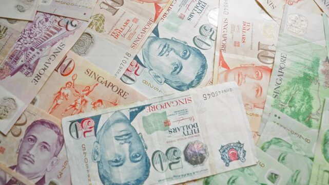 Singaporean banknotes featuring various denominations of dollars spread out in a flat layout showcasing detailed design and vibrant colors.