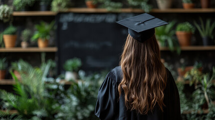 Female college graduate standing in a black graduation gown with a mortarboard cap, facing greenery in the background. Celebrating academic achievement in a natural setting.