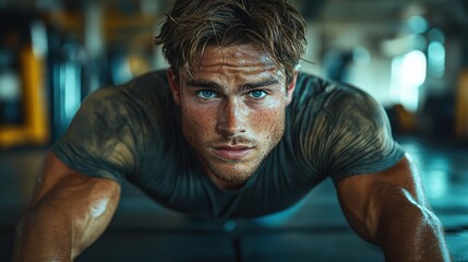 Muscular man doing intense push-up workout, focused facial expression, glistening sweat on skin, strength and fitness training in a modern gym environment.