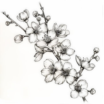 flower, cherry, Japan, floral, vector, nature, illustration, pattern, plant, drawing, leaf, art, vintage, decoration, sketch, branch, design, flowers, blossom, summer, spring, black, rose, garden, bea