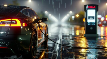 A car is parked on a wet street with a bright orange light in the background