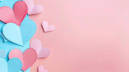 coloful heart shapes on pastel paper. wide copy space