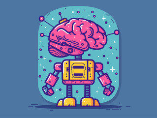 Naklejka premium Cartoon Robot with Brain Icon: Technology, AI, and Future Training