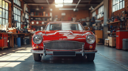 Front view of a retro red vintage car inside a well-lit garage. Classic automobile with shiny chrome details in a restoration workshop. Stylish antique vehicle preserved.