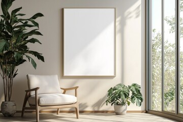 Poster Frame in Beige minimalist living room interior created with generative AI
