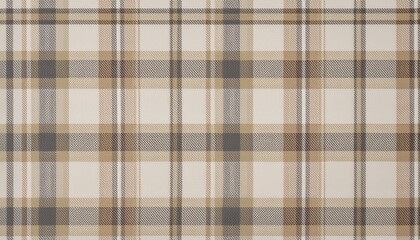 Plaid check pattern in tan beige, grey and white. Seamless fabric texture print.

