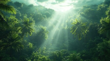 Sunlight shining through lush tropical rainforest foliage.