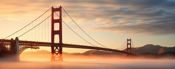Like Golden Gate Bridge and Bay area in California, mist underneath bridge.banner