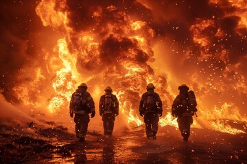 Fototapeta premium Four firefighters are walking through a burning building