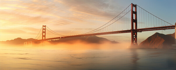 Fototapeta premium Like Golden Gate Bridge and Bay area in California, mist underneath bridge.banner