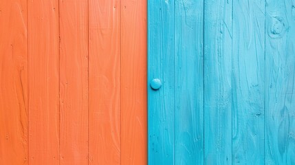 Fototapeta premium Dual-Colored Blue and Orange Painted Wooden Door Texture, Ideal for Branding, Creative Banners, and Marketing Material with a Smooth Finish and Ample Copy Space for Text Integration