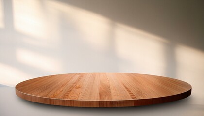 Empty beautiful round wood table top counter on interior in clean and bright with shadow background, Ready, white background, for product montage
