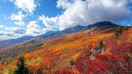   A stunning panorama of a majestic mountain surrounded by lush greenery in the foreground, set against a backdrop of azure skies adorned with fluffy white
